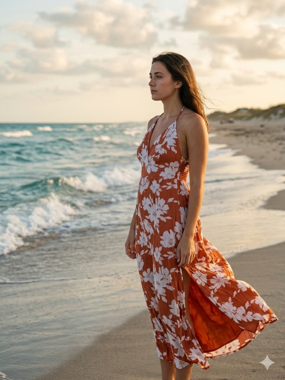 Lulus Rust Orange Floral Backless Halter Maxi Dress